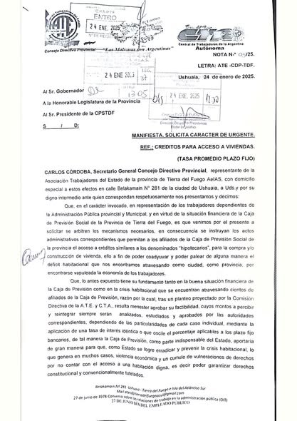 ATE pide a la Caja de Previsión &#8220;créditos hipotecarios&#8221; para construir viviendas